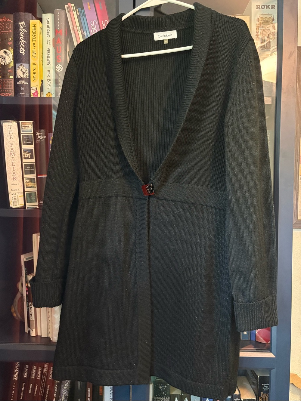 Calvin Klein Black Open-Front Knit long Cardigan with Toggle closure